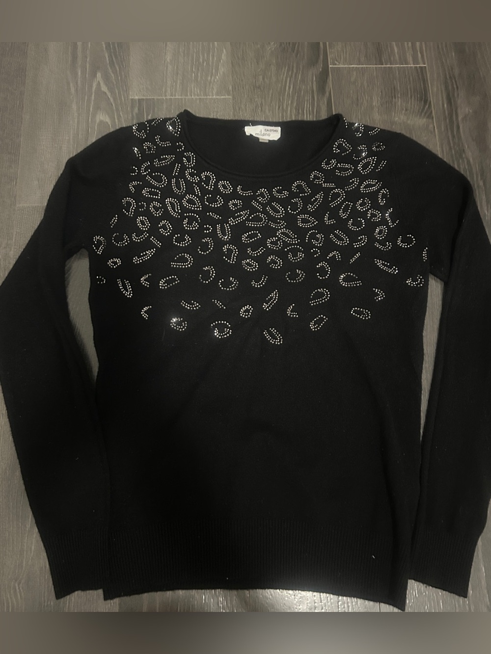 Milano Women’s Black Leopard Rhinestone Studded Crew Neck Sweater Size S